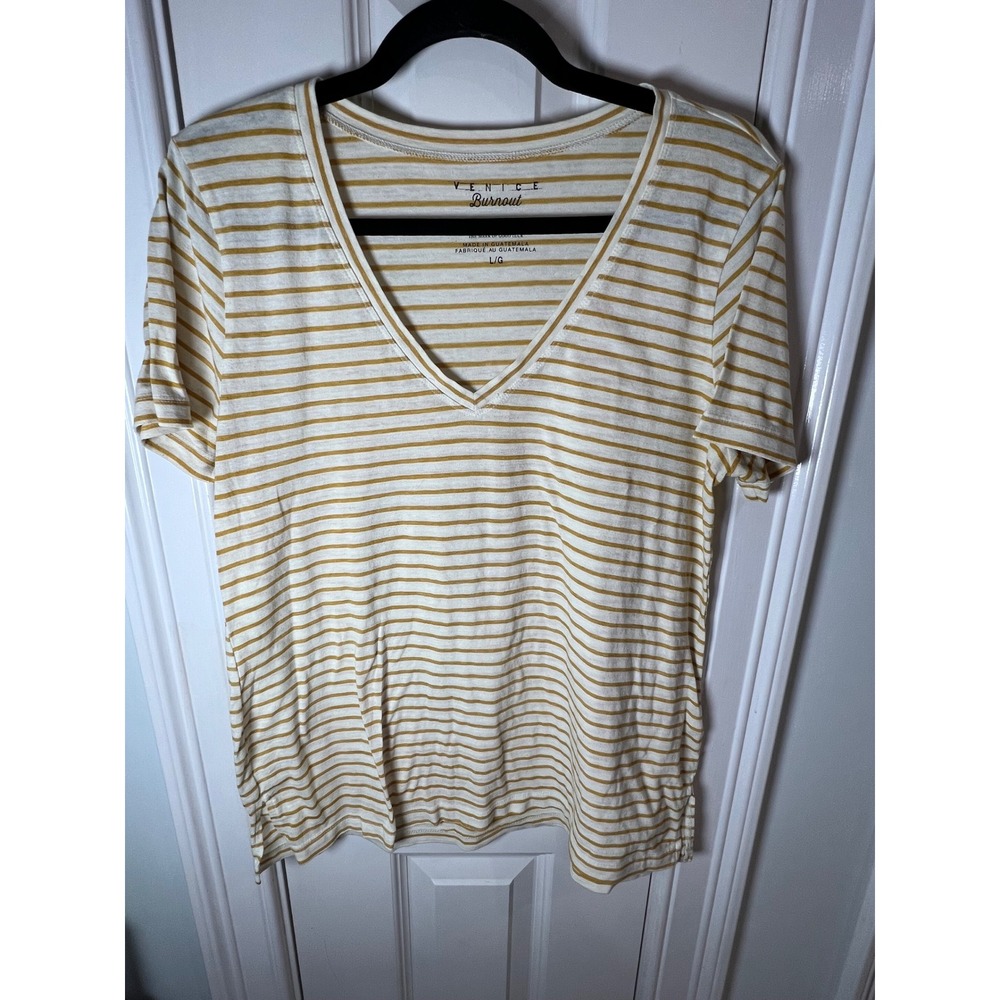 Lucky Brand Venice Burnout V-Neck Striped T-Shirt Mustard Yellow White Large